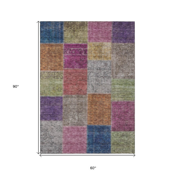 5' X 8' Copper Navy Blue And Gold Patchwork Washable Indoor Outdoor Area Rug