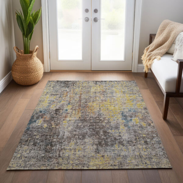 5' X 8' Brown And Gold Abstract Washable Indoor Outdoor Area Rug