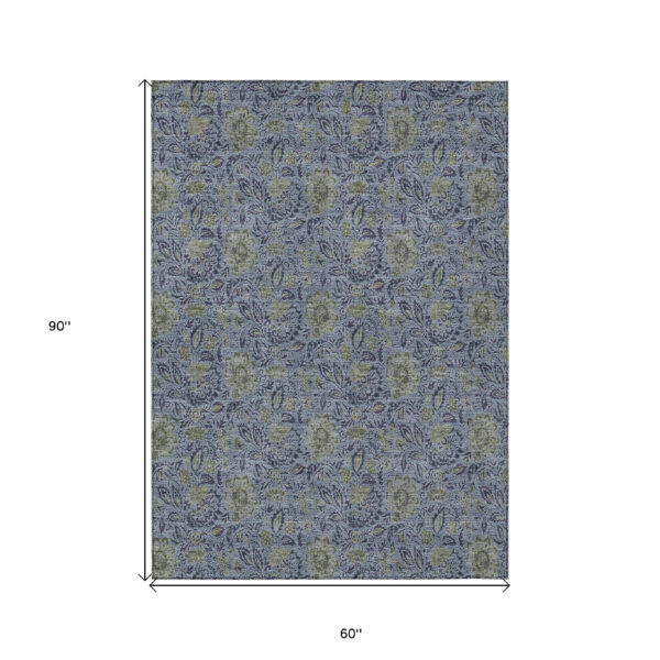 5' X 8' Denim Blue Navy Blue And Gray Floral Washable Indoor Outdoor Area Rug