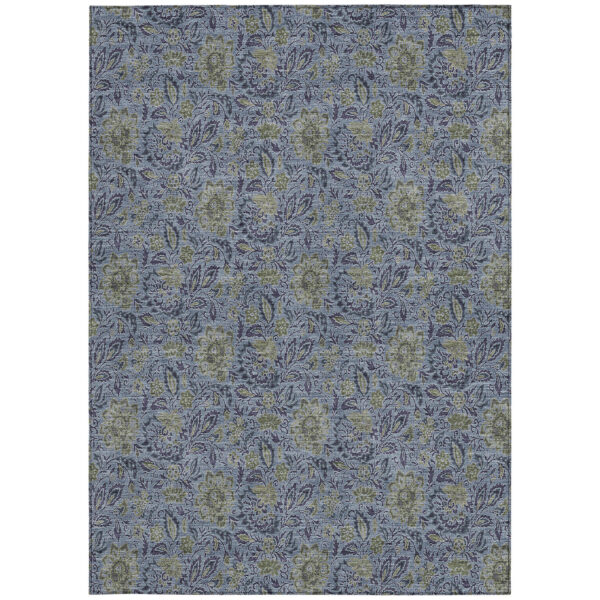 5' X 8' Denim Blue Navy Blue And Gray Floral Washable Indoor Outdoor Area Rug