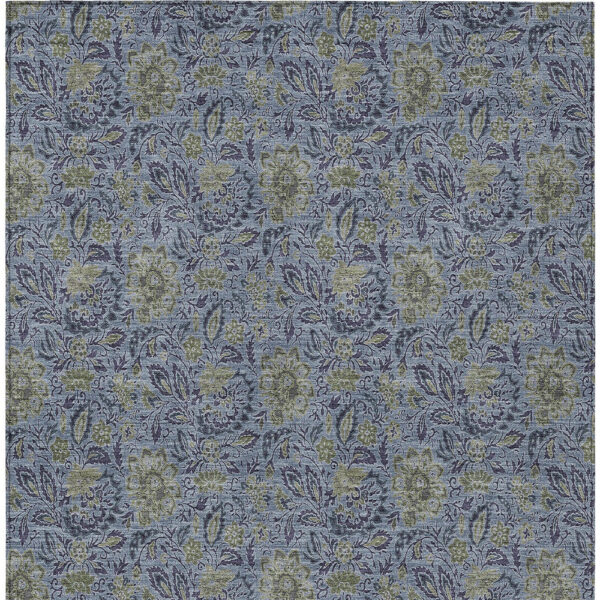 5' X 8' Denim Blue Navy Blue And Gray Floral Washable Indoor Outdoor Area Rug
