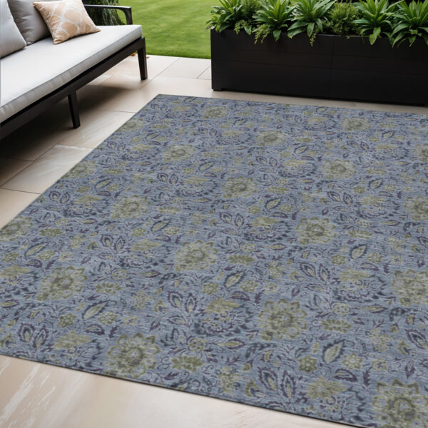 5' X 8' Denim Blue Navy Blue And Gray Floral Washable Indoor Outdoor Area Rug