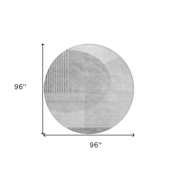 8' Gray Silver And Ivory Round Geometric Washable Indoor Outdoor Area Rug
