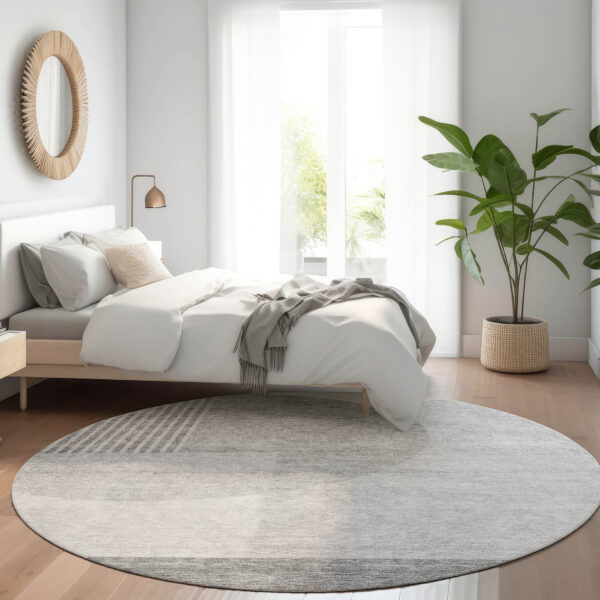 8' Gray Silver And Ivory Round Geometric Washable Indoor Outdoor Area Rug