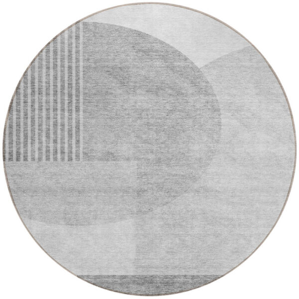 8' Gray Silver And Ivory Round Geometric Washable Indoor Outdoor Area Rug