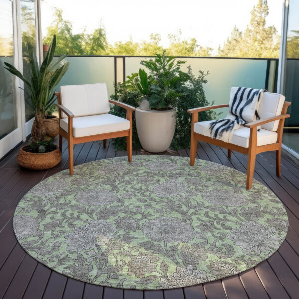 8' Artichoke Green Gray And Taupe Round Floral Washable Indoor Outdoor Area Rug