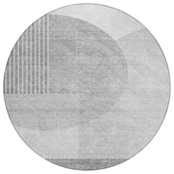 8' Gray Silver And Ivory Round Geometric Washable Indoor Outdoor Area Rug