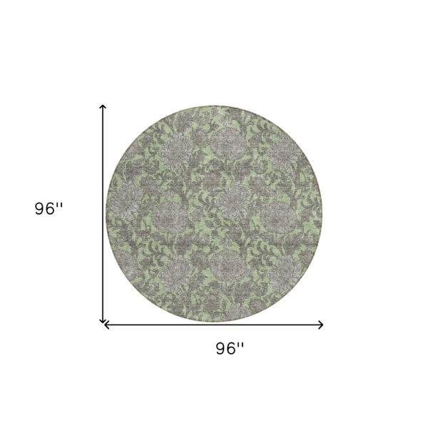 8' Artichoke Green Gray And Taupe Round Floral Washable Indoor Outdoor Area Rug