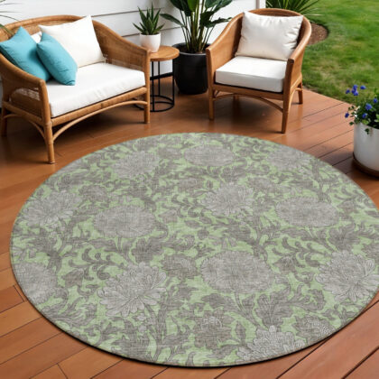 8' Artichoke Green Gray And Taupe Round Floral Washable Indoor Outdoor Area Rug