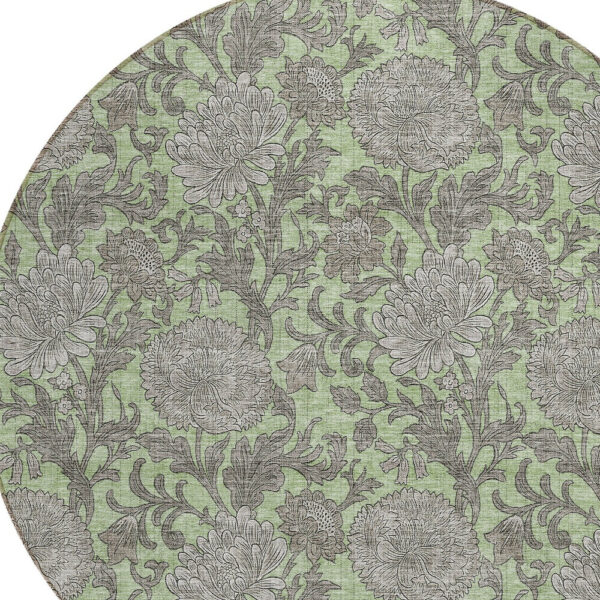 8' Artichoke Green Gray And Taupe Round Floral Washable Indoor Outdoor Area Rug
