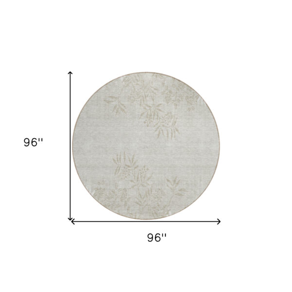8' Beige Tan And Ivory Round Floral Washable Indoor Outdoor Area Rug