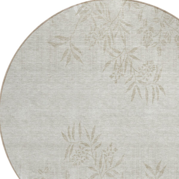 8' Beige Tan And Ivory Round Floral Washable Indoor Outdoor Area Rug