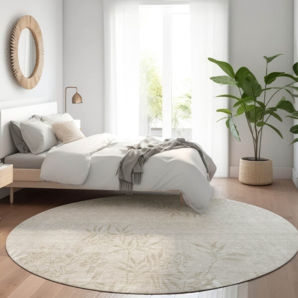 8' Beige Tan And Ivory Round Floral Washable Indoor Outdoor Area Rug