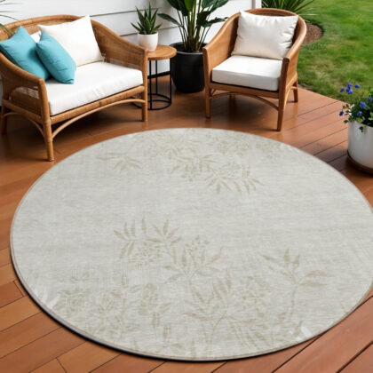 8' Beige Tan And Ivory Round Floral Washable Indoor Outdoor Area Rug