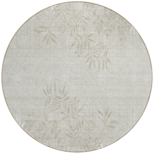 8' Beige Tan And Ivory Round Floral Washable Indoor Outdoor Area Rug