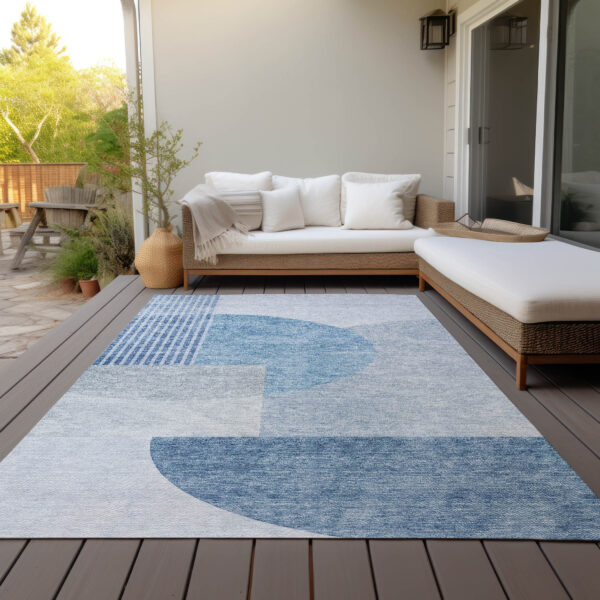 3' X 5' Navy Blue And Sky Blue Geometric Washable Indoor Outdoor Area Rug
