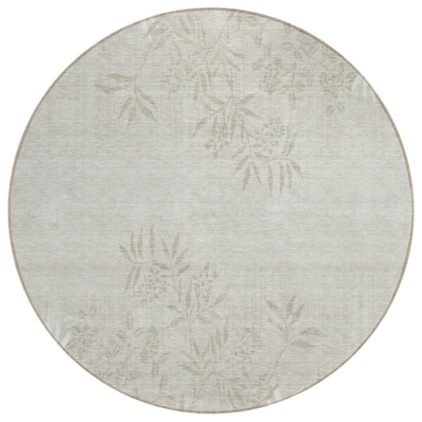 8' Beige Tan And Ivory Round Floral Washable Indoor Outdoor Area Rug
