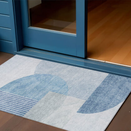 3' X 5' Navy Blue And Sky Blue Geometric Washable Indoor Outdoor Area Rug