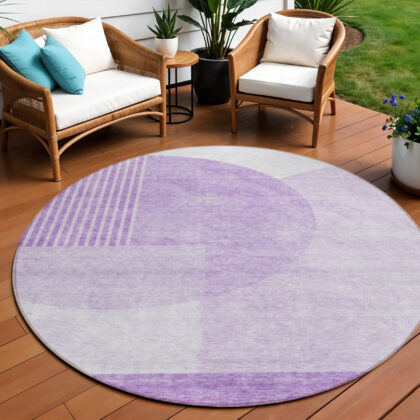 8' Purple And Lavender Round Geometric Washable Indoor Outdoor Area Rug