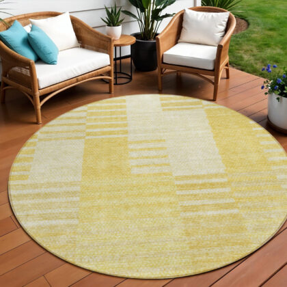8' Gold Wheat And Ivory Round Striped Washable Indoor Outdoor Area Rug
