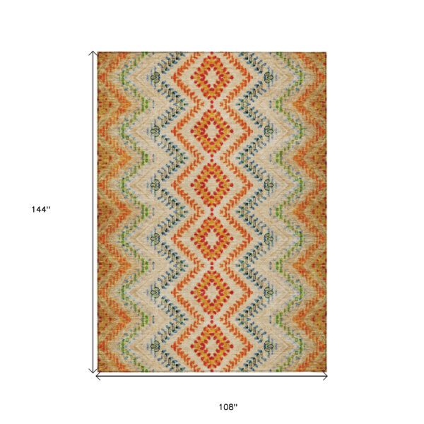 9' X 12' Beige Orange And Red Geometric Washable Indoor Outdoor Area Rug