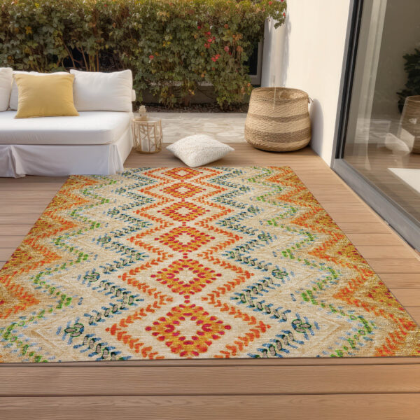 9' X 12' Beige Orange And Red Geometric Washable Indoor Outdoor Area Rug