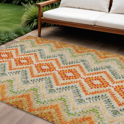 9' X 12' Beige Orange And Red Geometric Washable Indoor Outdoor Area Rug