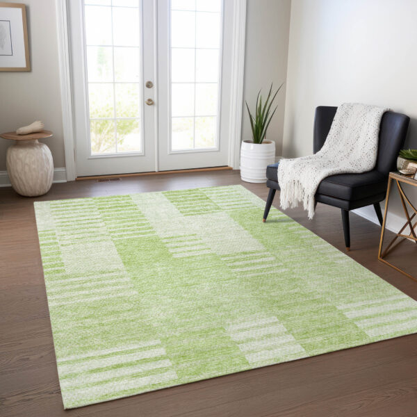 5' X 8' Artichoke Green And Mint Green Striped Washable Indoor Outdoor Area Rug