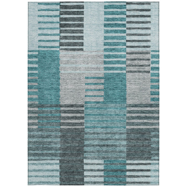 8' X 10' Teal Blue Aqua And Gray Striped Washable Indoor Outdoor Area Rug