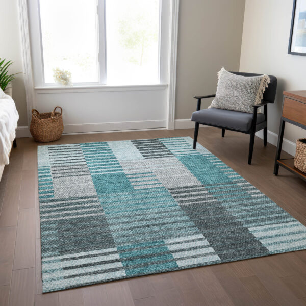8' X 10' Teal Blue Aqua And Gray Striped Washable Indoor Outdoor Area Rug
