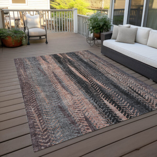 9' X 12' Blue Charcoal And Copper Botanical Leaves Washable Indoor Outdoor Area Rug