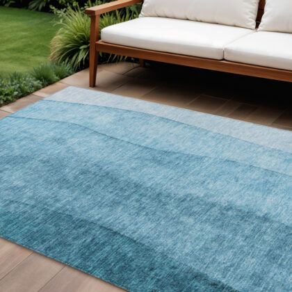 10' X 14' Teal Blue Aqua And Blue Ombre Washable Indoor Outdoor Area Rug