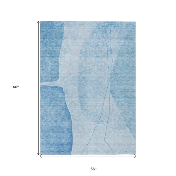 3' X 5' Denim Blue And Sky Blue Abstract Washable Indoor Outdoor Area Rug