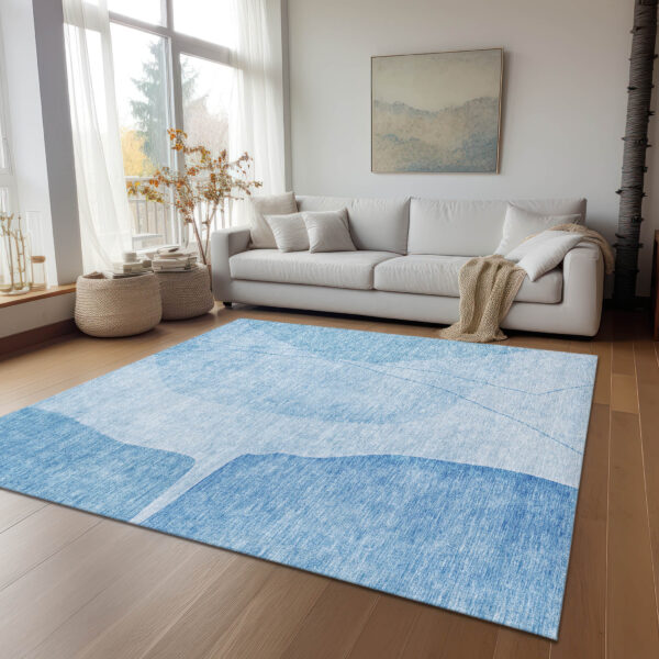 3' X 5' Denim Blue And Sky Blue Abstract Washable Indoor Outdoor Area Rug