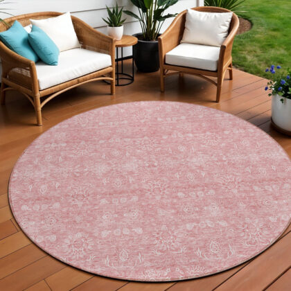 8' Blush Pink And Ivory Round Floral Washable Indoor Outdoor Area Rug