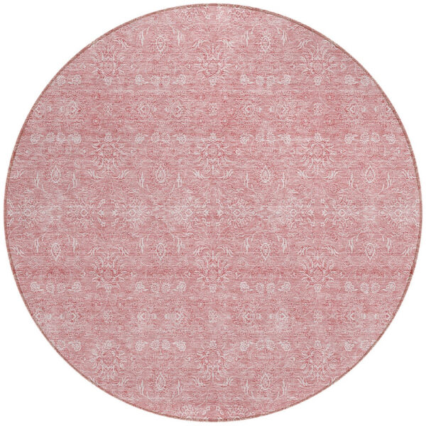 8' Blush Pink And Ivory Round Floral Washable Indoor Outdoor Area Rug