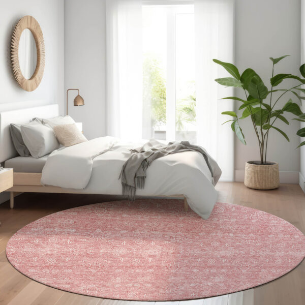 8' Blush Pink And Ivory Round Floral Washable Indoor Outdoor Area Rug