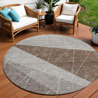 8' Gray Silver And Taupe Round Geometric Washable Indoor Outdoor Area Rug