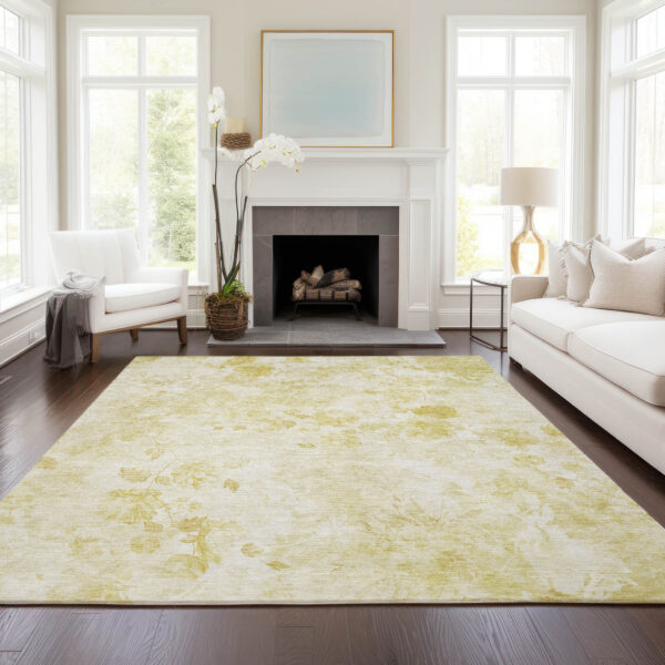 3' X 5' Gold Wheat And Ivory Floral Washable Indoor Outdoor Area Rug