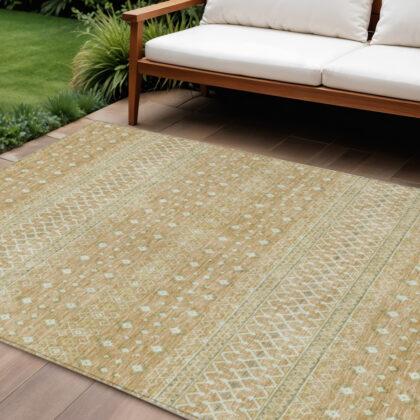 10' X 14' Copper Ivory And Olive Green Tribal Washable Indoor Outdoor Area Rug