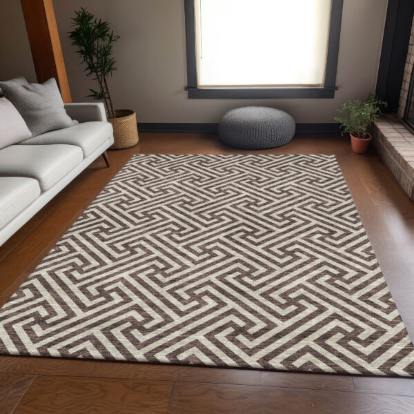 3' X 5' Brown And Beige Geometric Washable Indoor Outdoor Area Rug