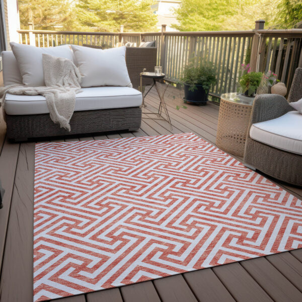 10' X 14' Salmon And Ivory Geometric Washable Indoor Outdoor Area Rug