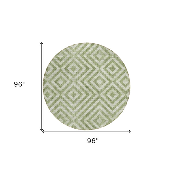 8' Green And Beige Round Geometric Washable Indoor Outdoor Area Rug