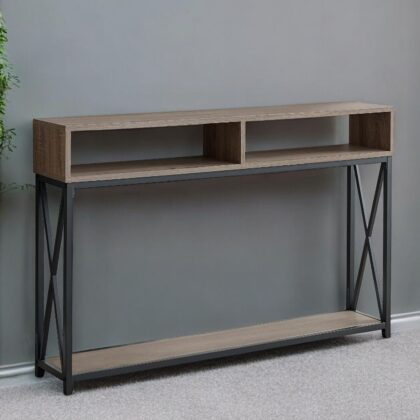 47" Taupe and Black Frame Console Table With Shelves