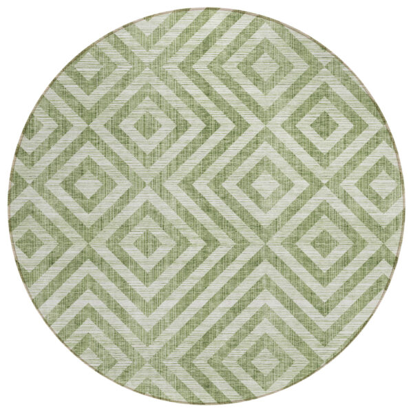 8' Green And Beige Round Geometric Washable Indoor Outdoor Area Rug