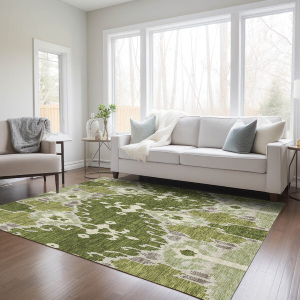 3' X 5' Olive Green And Artichoke Green Ikat Washable Indoor Outdoor Area Rug