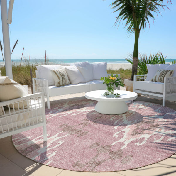 8' Blush Pink And Ivory Round Ikat Washable Indoor Outdoor Area Rug
