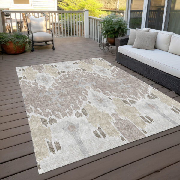 5' X 8' Ivory Beige And Taupe Ikat Washable Indoor Outdoor Area Rug