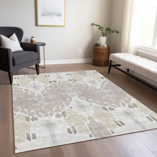 5' X 8' Ivory Beige And Taupe Ikat Washable Indoor Outdoor Area Rug