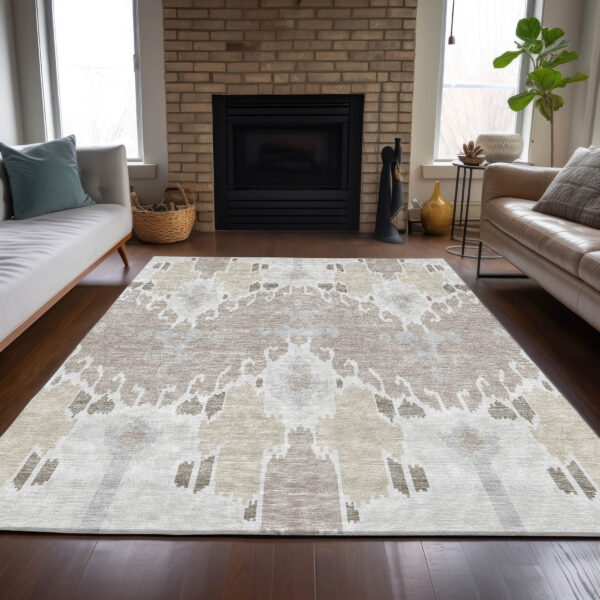 5' X 8' Ivory Beige And Taupe Ikat Washable Indoor Outdoor Area Rug
